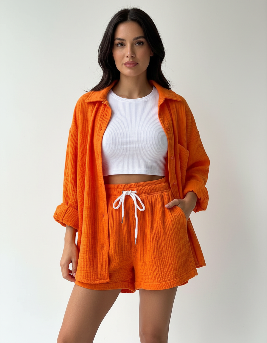 Women's lightweight lounge set with relaxed shorts, perfect for comfortable summer casual wear.