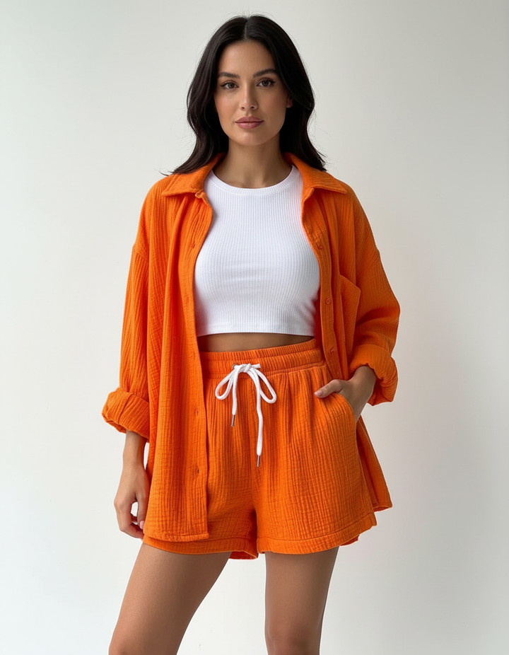 Women's lightweight lounge set with relaxed shorts, perfect for comfortable summer casual wear.