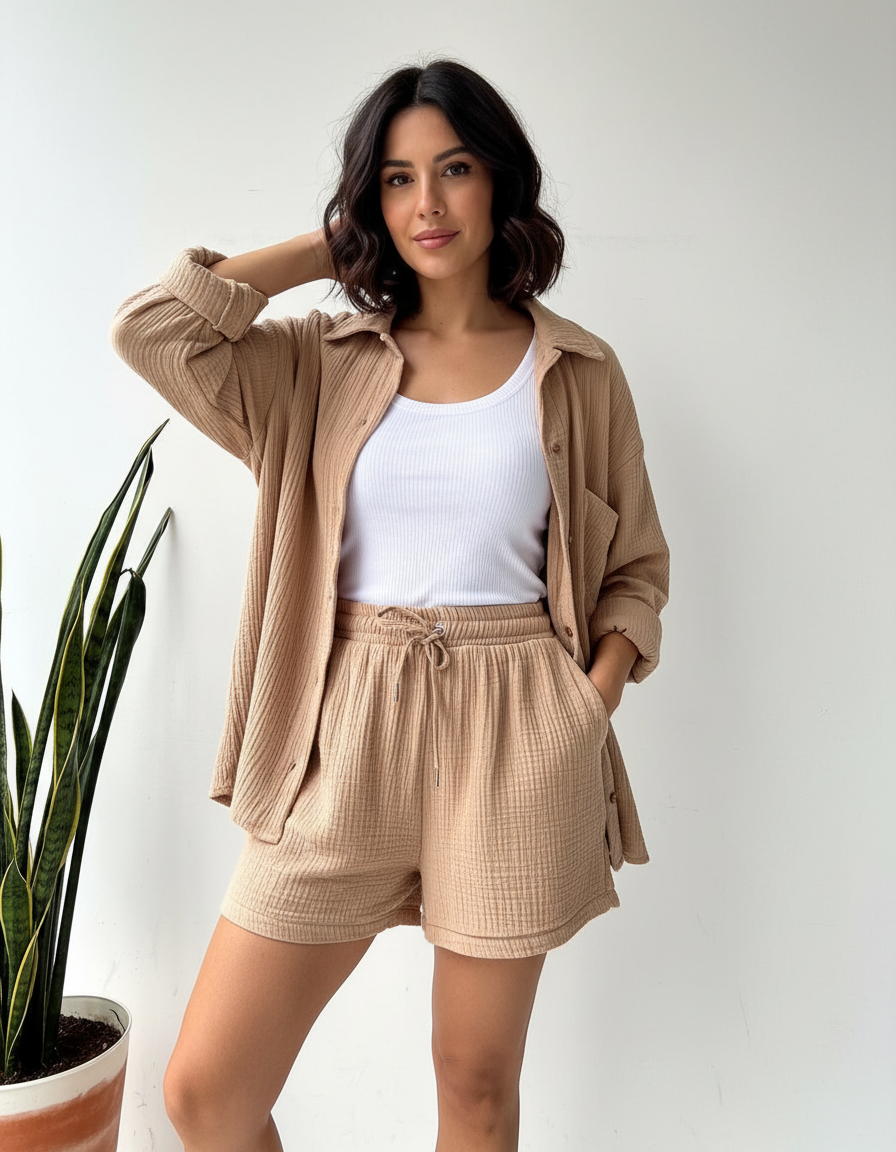 Relaxed fit women's two-piece outfit, a versatile lounge set for home or vacation.