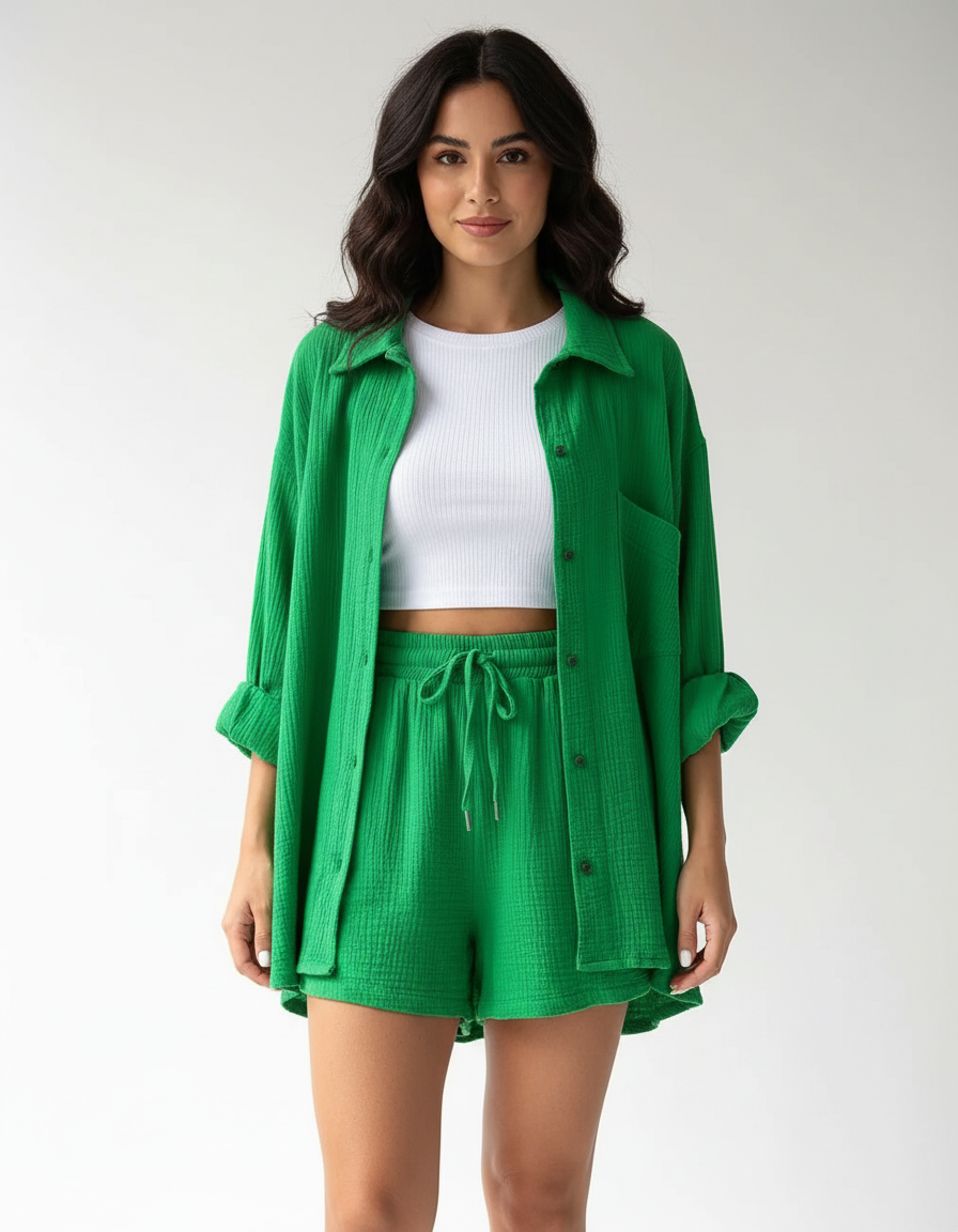 Breathable women's two-piece set, a summer-ready lounge outfit with relaxed shorts.