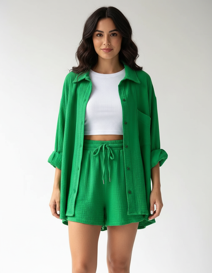 Breathable women's two-piece set, a summer-ready lounge outfit with relaxed shorts.