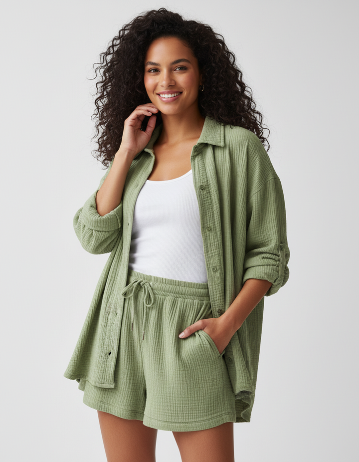Light blue women's relaxed fit lounge set, perfect for comfort and casual spring days.