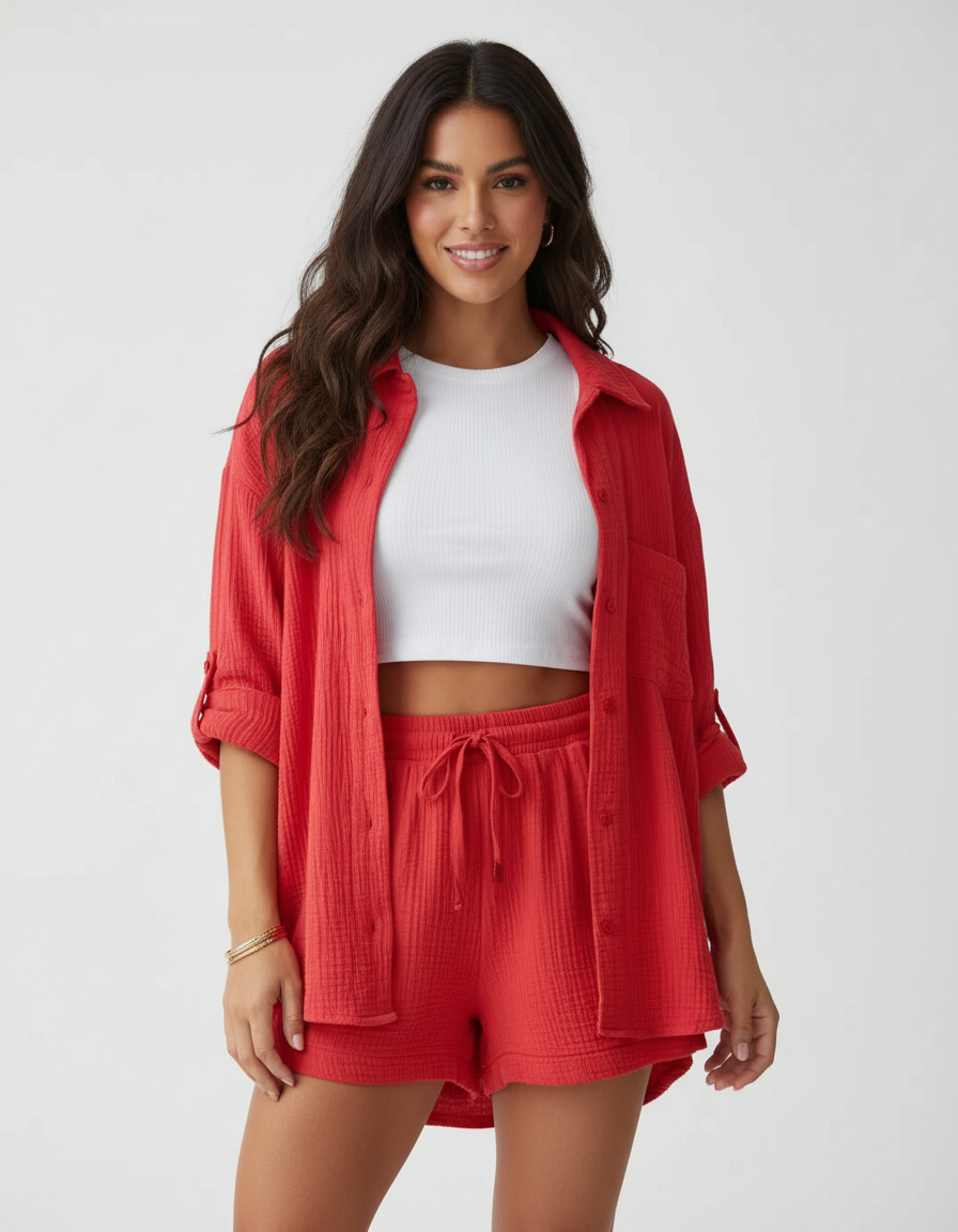Model lounging in a comfortable women's short set, highlighting its relaxed design.