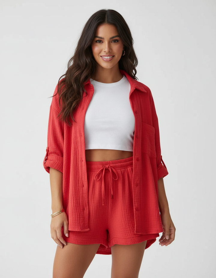 Model lounging in a comfortable women's short set, highlighting its relaxed design.