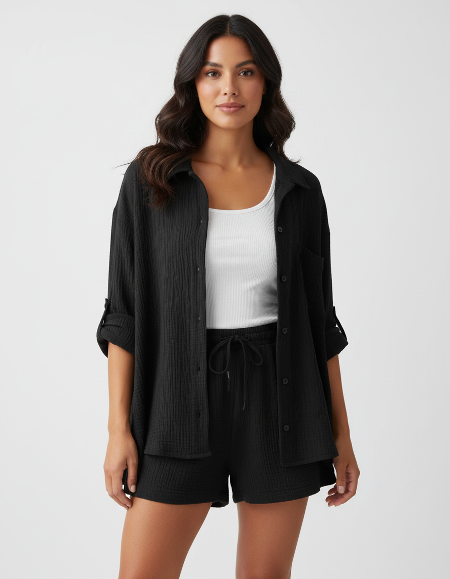 Versatile women's two-piece outfit with relaxed shorts, great for home or beach.