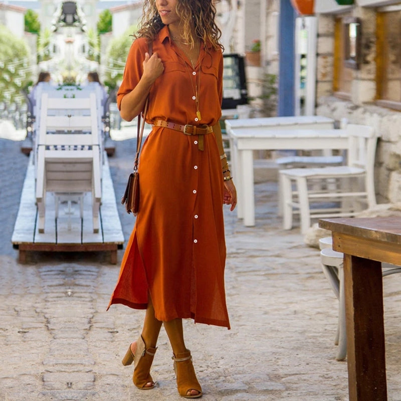 Women's elegant long sleeve button-down shirt dress. Perfect for office wear, versatile spring/summer style.
