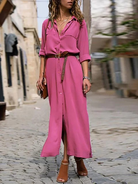 Comfortable women's button-down shirt dress. A versatile long sleeve day dress, great for spring/summer casual.