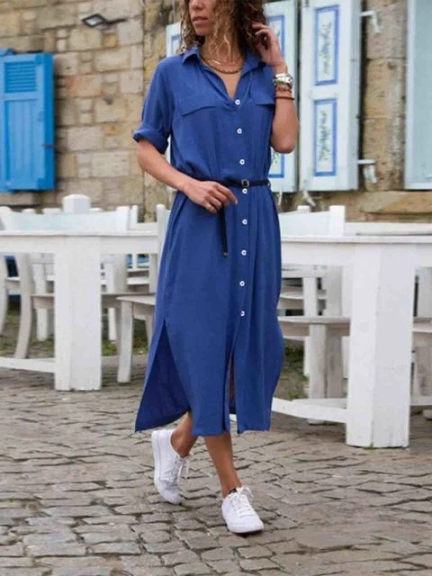 Sophisticated elegant women's shirt dress with belt & long sleeves. Perfect for office or chic casual events.