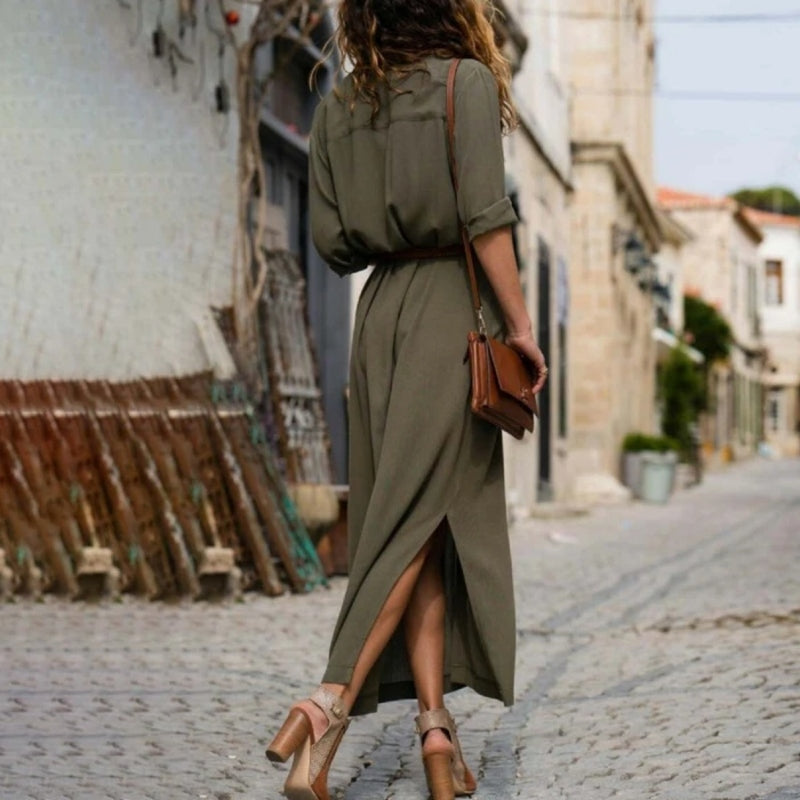 Chic belted button-down women's shirt dress. Elegant, versatile, suitable for casual day or office wear.