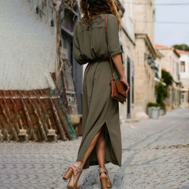 Chic belted button-down women's shirt dress. Elegant, versatile, suitable for casual day or office wear.