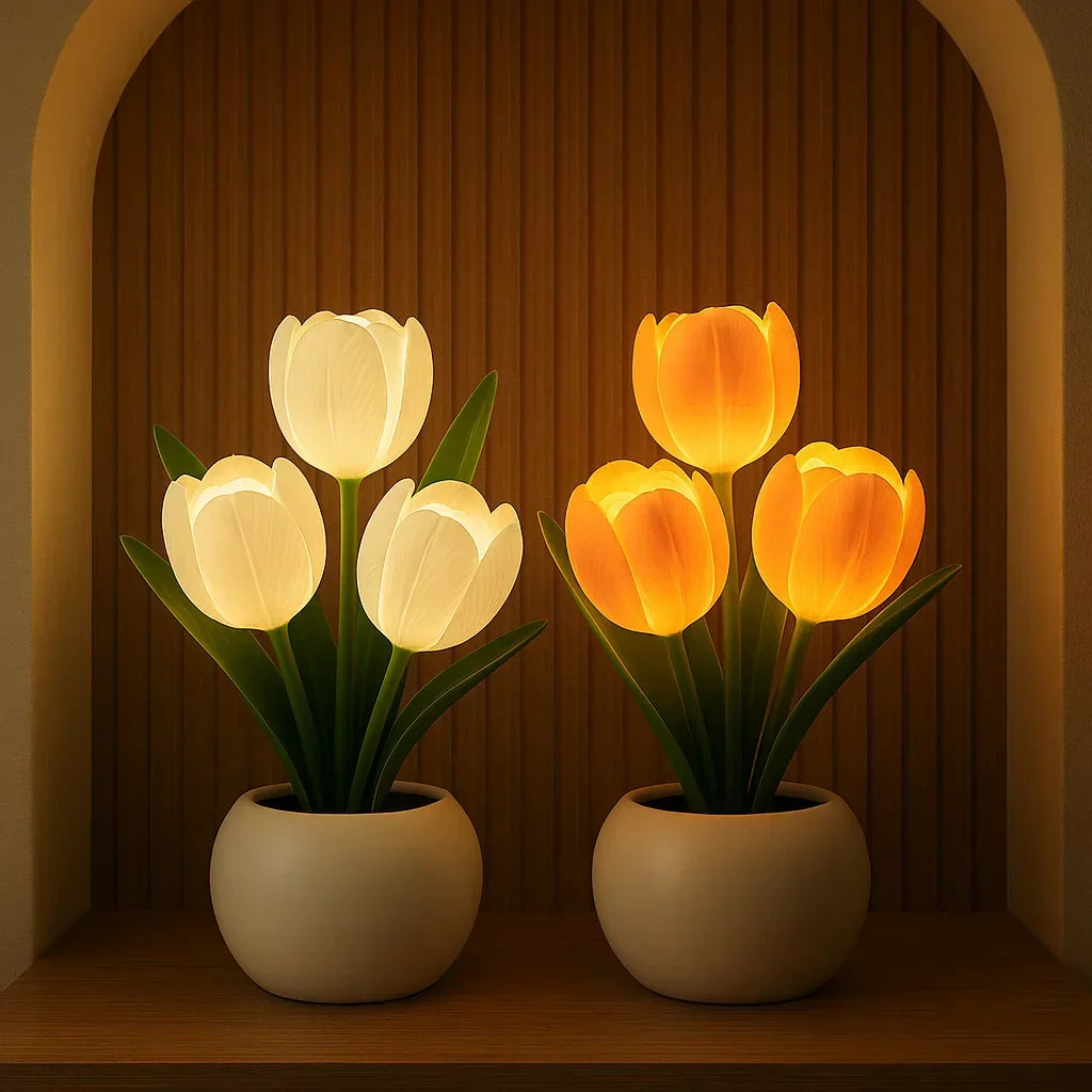 Elegant dimmable tulip LED table lamp for warm ambient home lighting and decor.