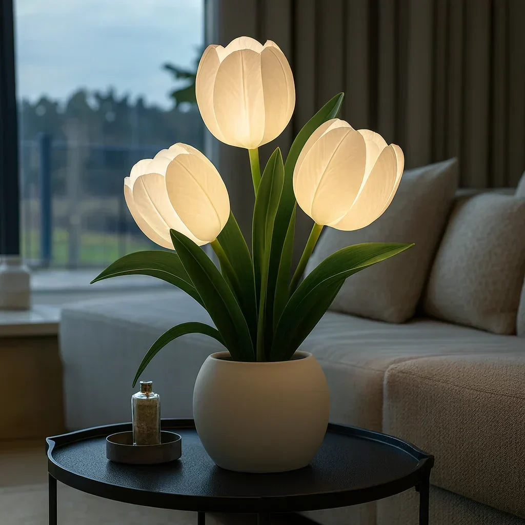 Modern dimmable tulip LED table lamp creating a cozy, ambient light for home decor.