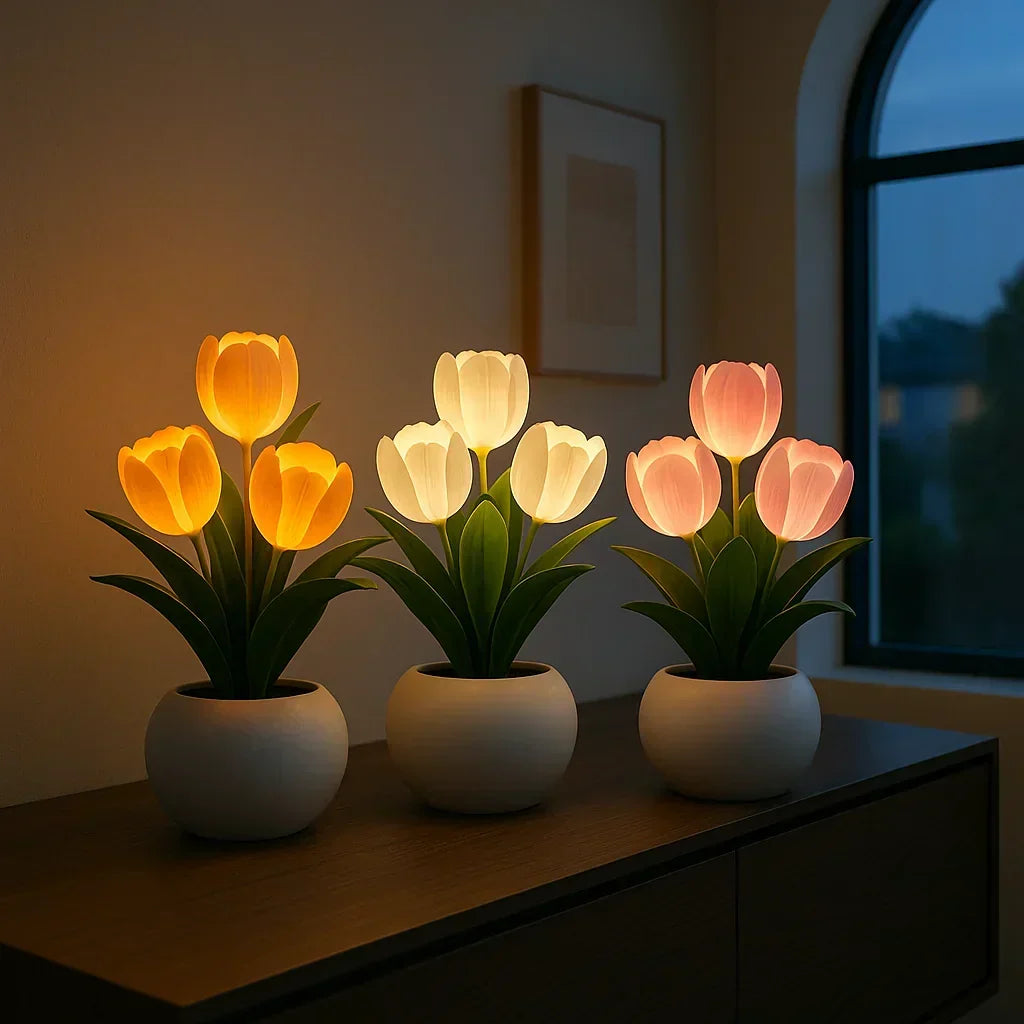 Adjustable dimmable tulip LED table lamp, perfect for creating a peaceful atmosphere in bedrooms.