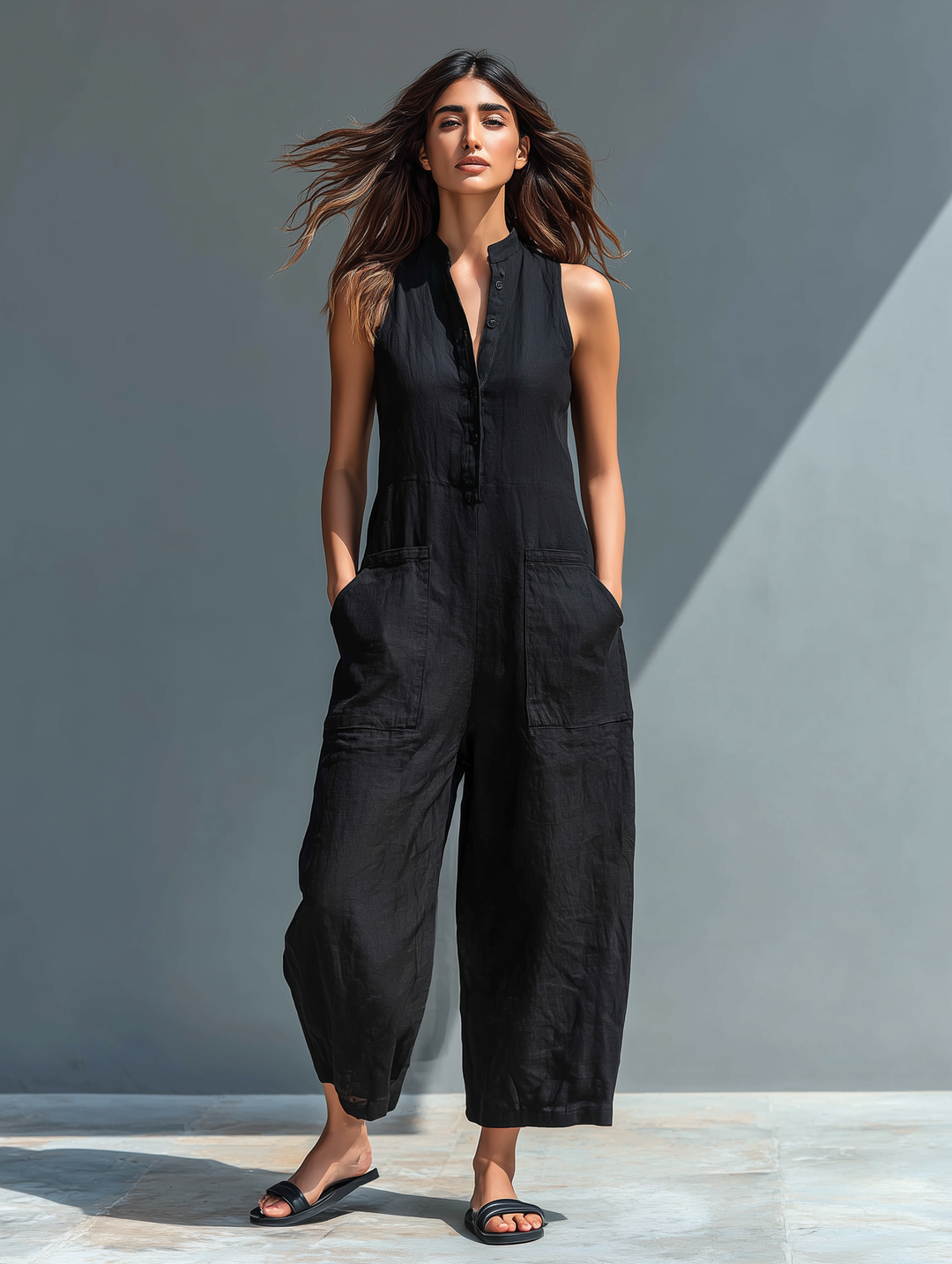 Women's sleeveless wide-leg jumpsuit, perfect for casual summer style. Relaxed fit one-piece outfit.