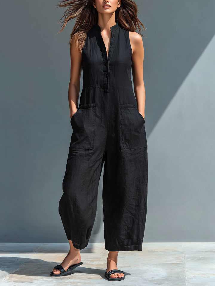 Effortless chic women's sleeveless wide-leg jumpsuit with a stylish halter neck for summer fashion.