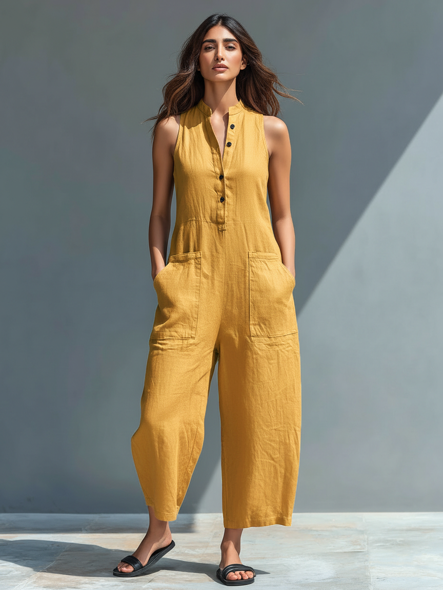 Sleeveless wide-leg one-piece jumpsuit for women. Casual fashion, relaxed fit, and effortless summer style.
