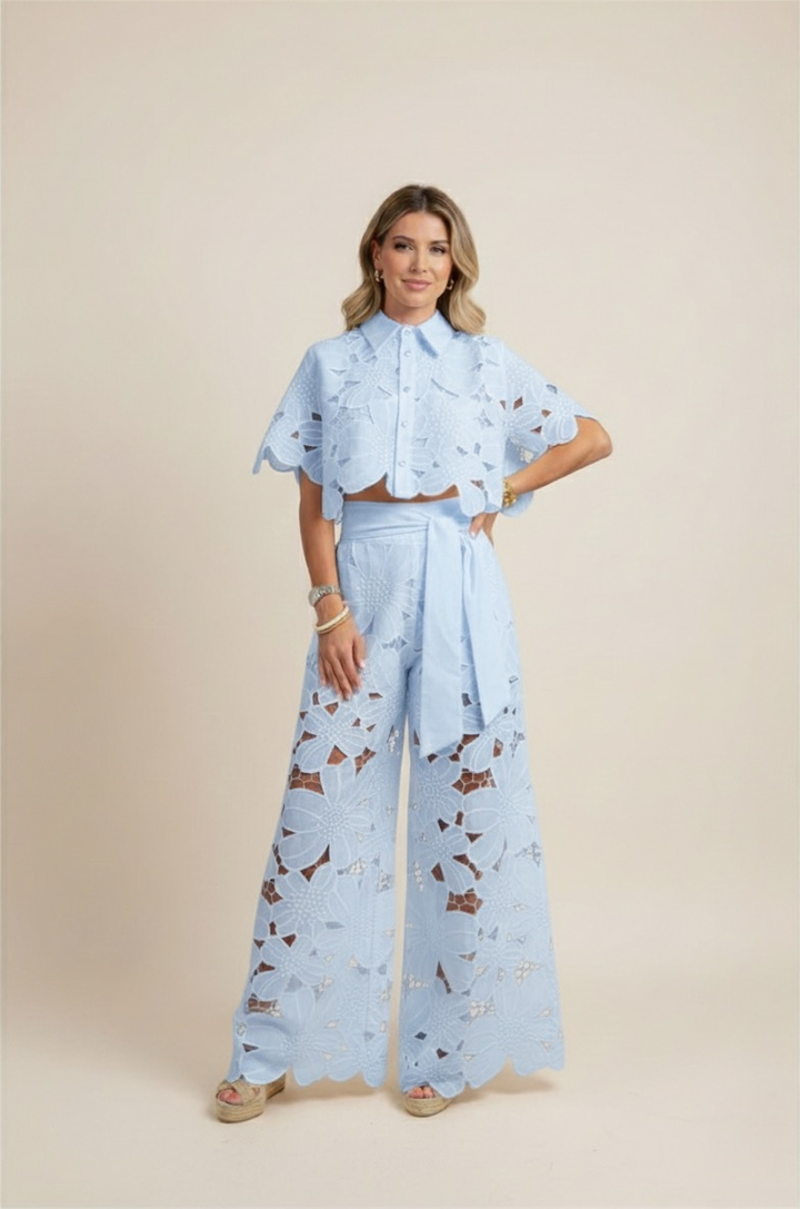 Textured fabric detail of the women's floral embroidered two-piece set, ideal for spring comfort.