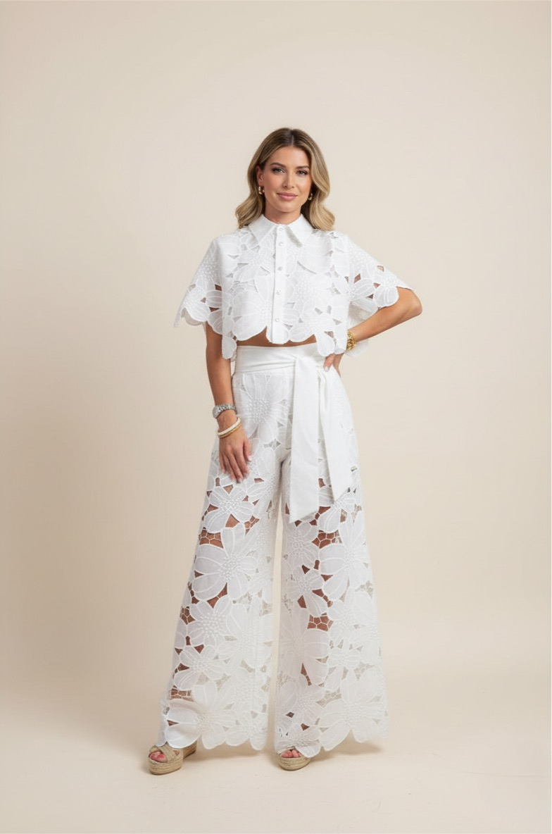 Chic women's floral embroidered two-piece set with wide-leg pants. Perfect for spring & summer style.