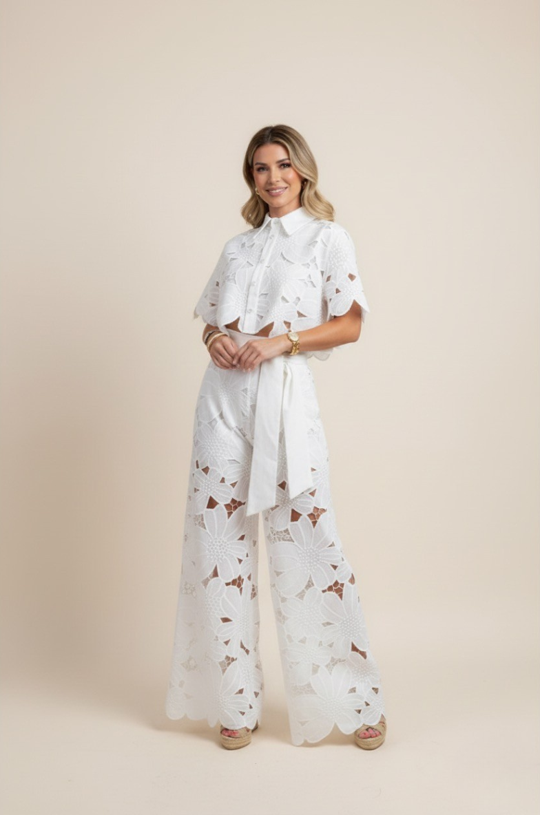 Stylish women's floral embroidered top, part of a two-piece wide-leg set for summer fashion.