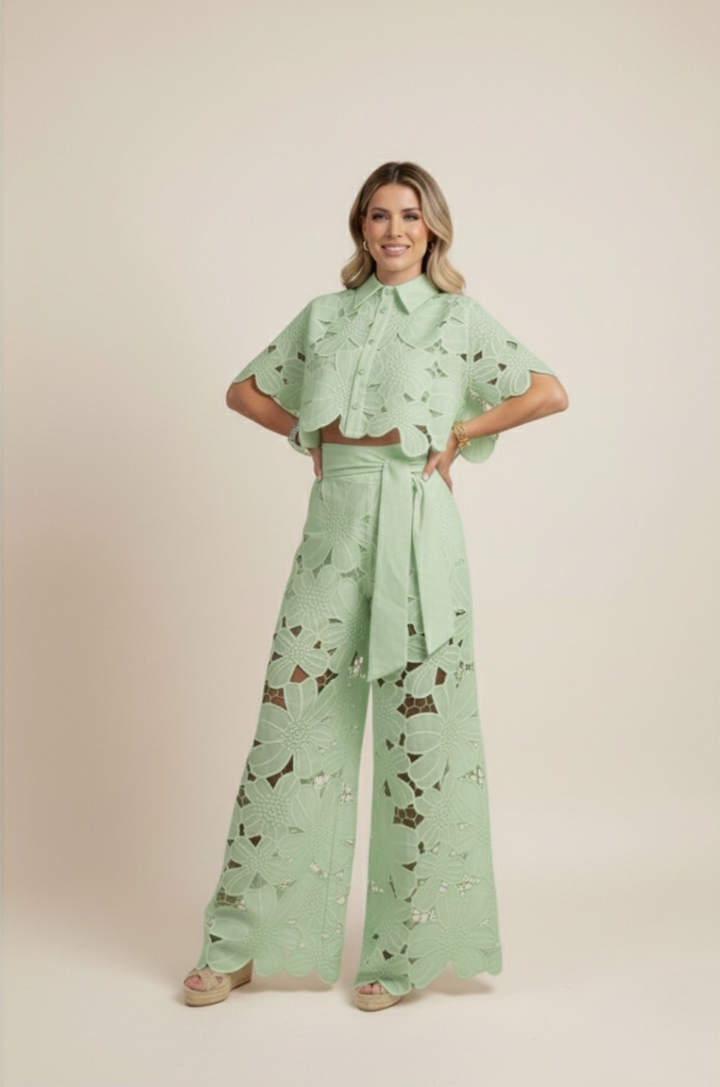 Perfect holiday wear: women's floral embroidered two-piece set with breezy wide-leg pants, chic & comfy.