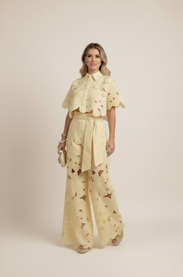 Soft & comfortable women's floral embroidered two-piece set with wide-leg pants for all-day wear.