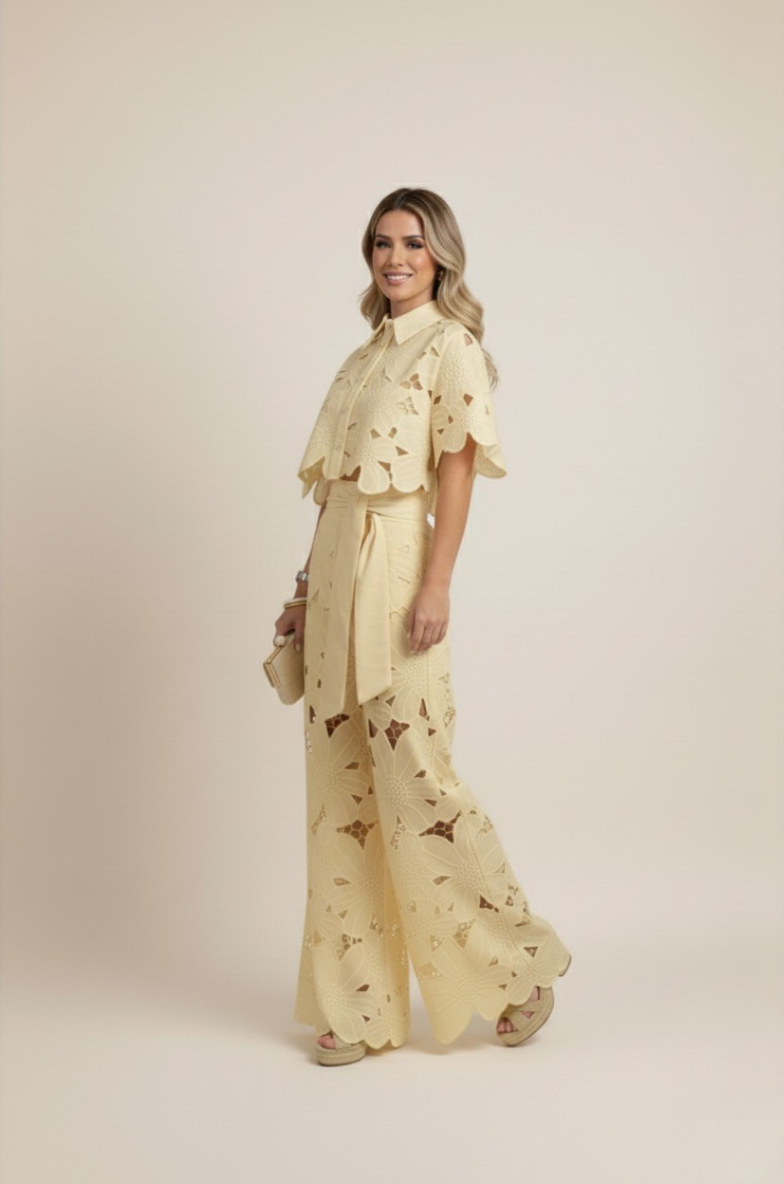 Intricate floral pattern on the embroidered top of this women's two-piece wide-leg summer set.
