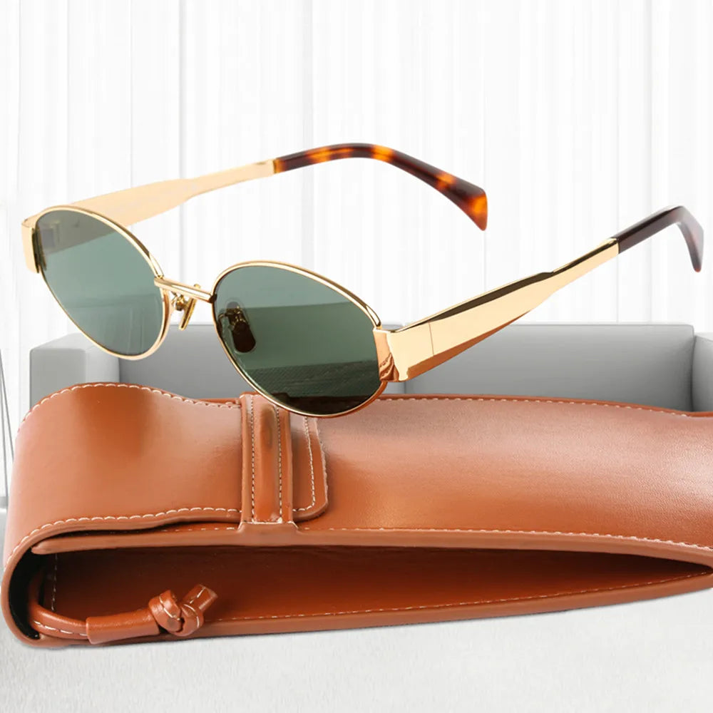 Women's elegant oval sunglasses with stylish frames, offering essential UV protection for a timeless look.