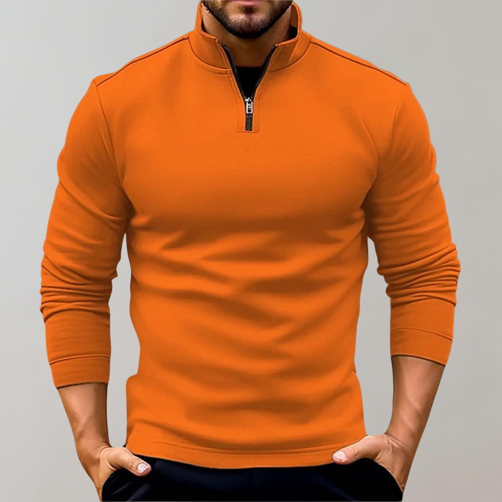 Modern men's fitted half zip knit jumper with long sleeves. A smart casual pullover for contemporary fashion.