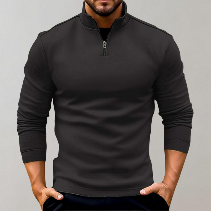 Stylish men's knitwear: fitted long sleeve half zip pullover, ideal for smart casual outfits.