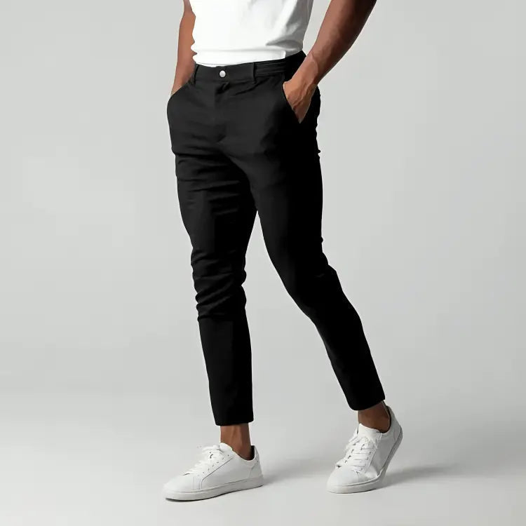 Men's tapered ankle length chinos, modern fit. Versatile smart casual flat front pants for men's fashion.