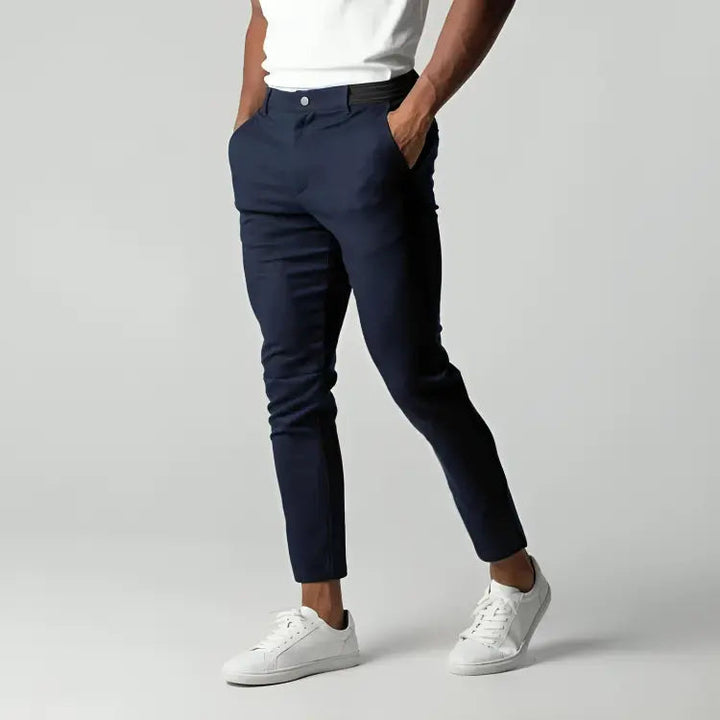 Versatile men's tapered ankle length chinos. Smart casual flat front trousers, perfect for all season wear.