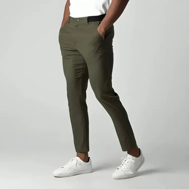 Modern fit men's tapered ankle length chinos with flat front. Stylish smart casual pants for contemporary men.