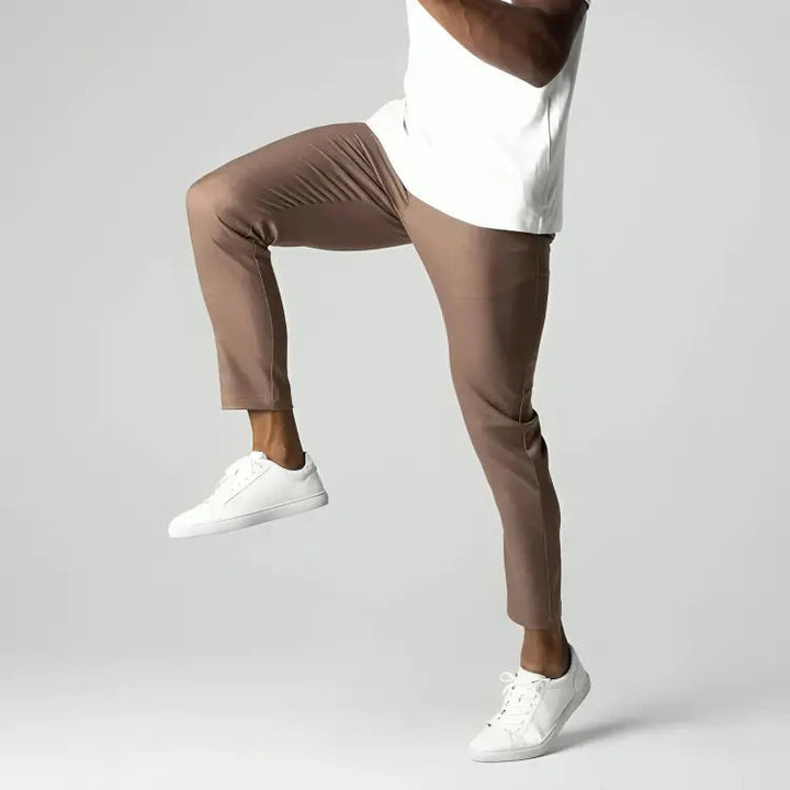 Men's tapered ankle length chinos, modern fit. Versatile smart casual flat front trousers for all seasons.