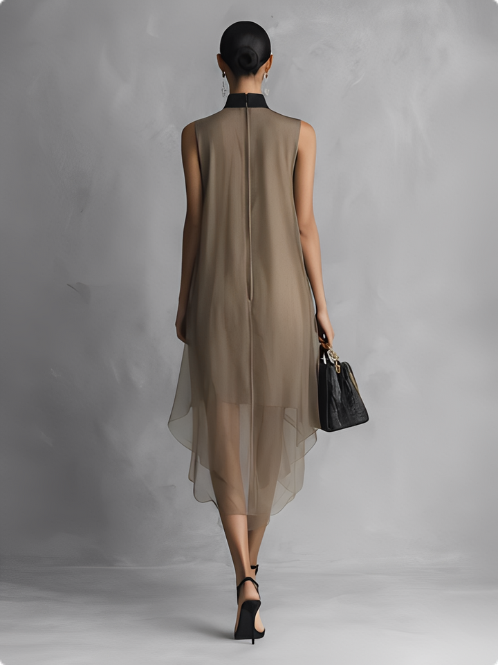 Luxurious women's two-tone khaki & brown sleeveless midi dress, an elegant fashion statement for spring & summer.