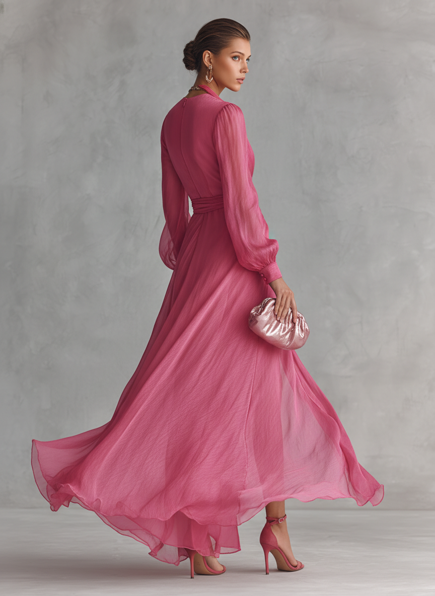 Beautiful women's elegant flowing maxi dress with a V-neck, suitable for romantic events & formal parties.