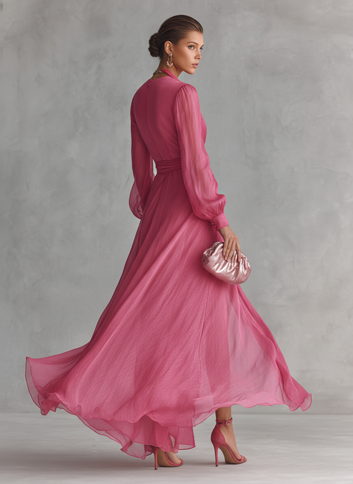 Beautiful women's elegant flowing maxi dress with a V-neck, suitable for romantic events & formal parties.