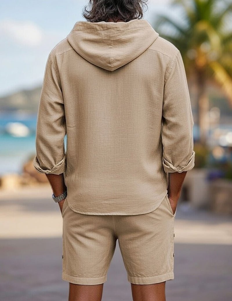 Casual men's hooded linen shorts set. Ideal for summer, beachwear, and relaxed, comfortable style.