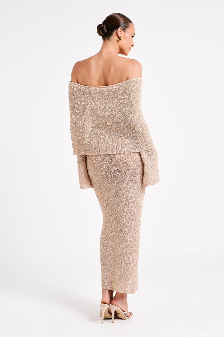 Flattering off-shoulder maxi dress for women, designed for elegant formal and evening events.