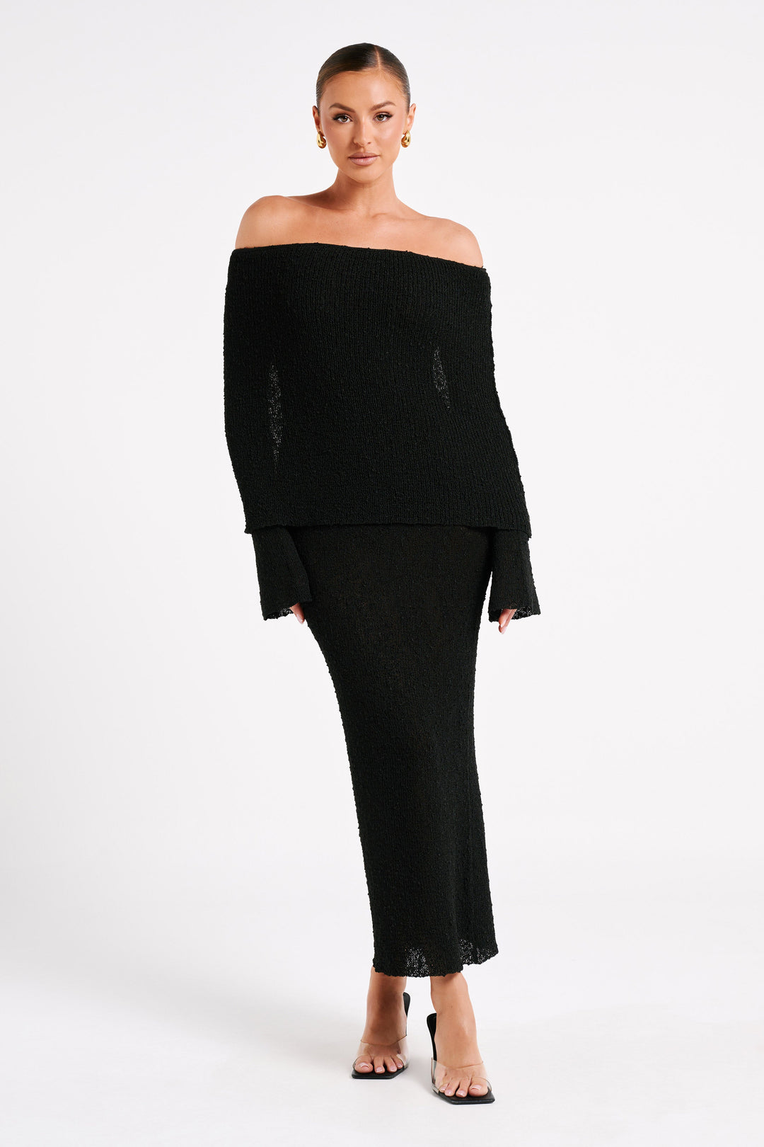 Comfortable yet elegant women's off-shoulder maxi dress, perfect for stylish evening events.