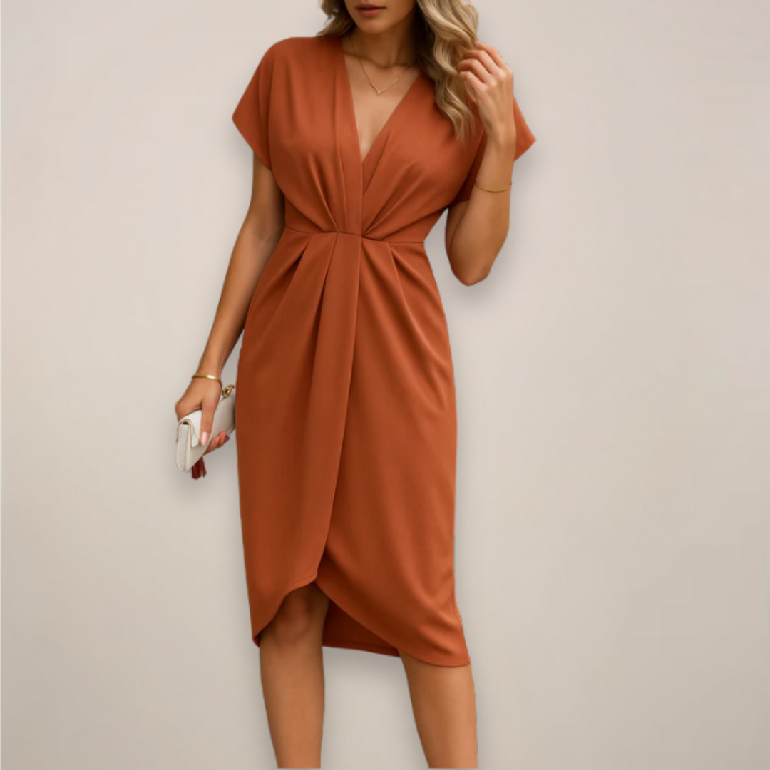 Elegant women's wrap V-neck midi dress, versatile occasion wear. Modern, comfortable, and chic fashion.