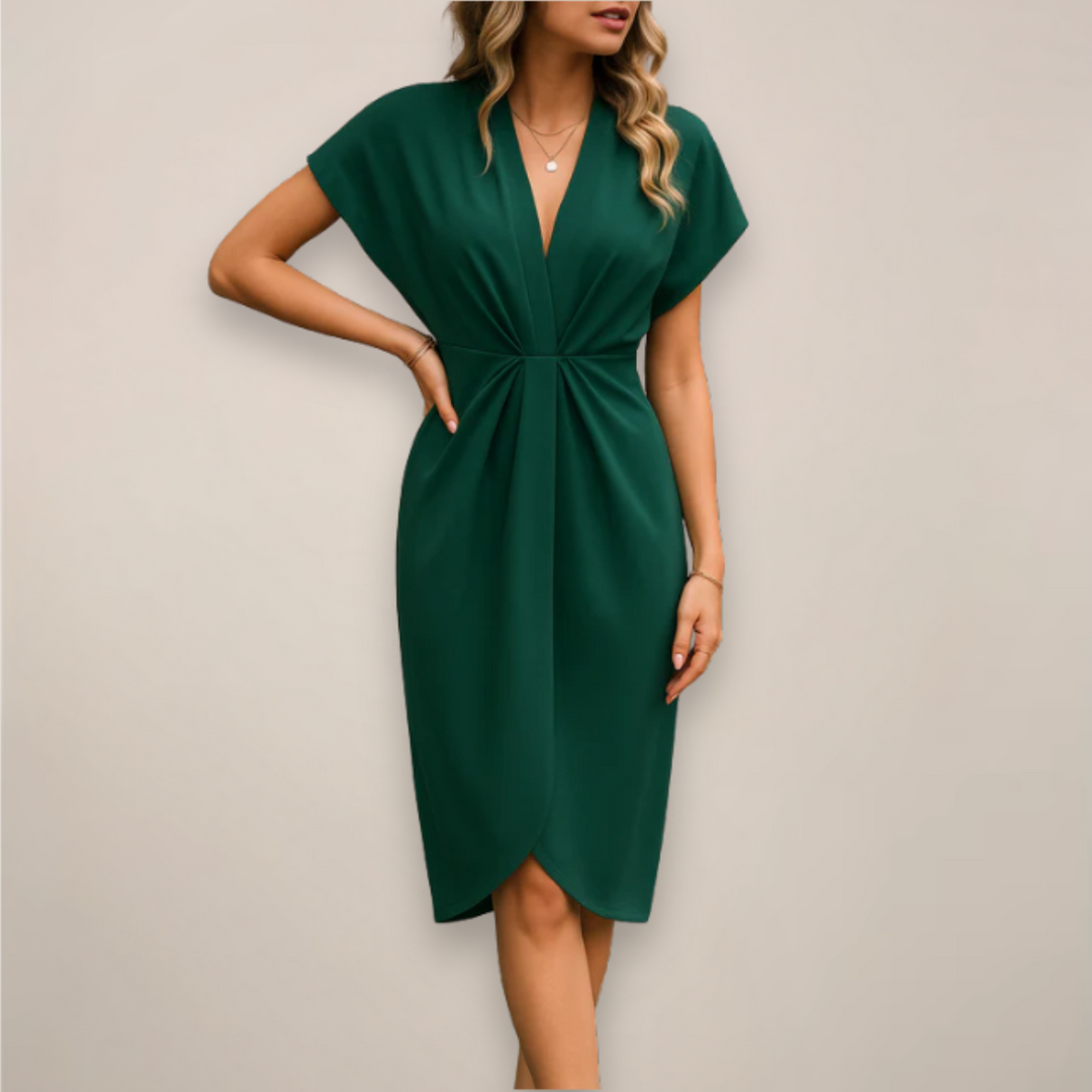 Flattering women's V-neck midi wrap dress, designed for sophisticated day-to-evening looks. Effortless style.