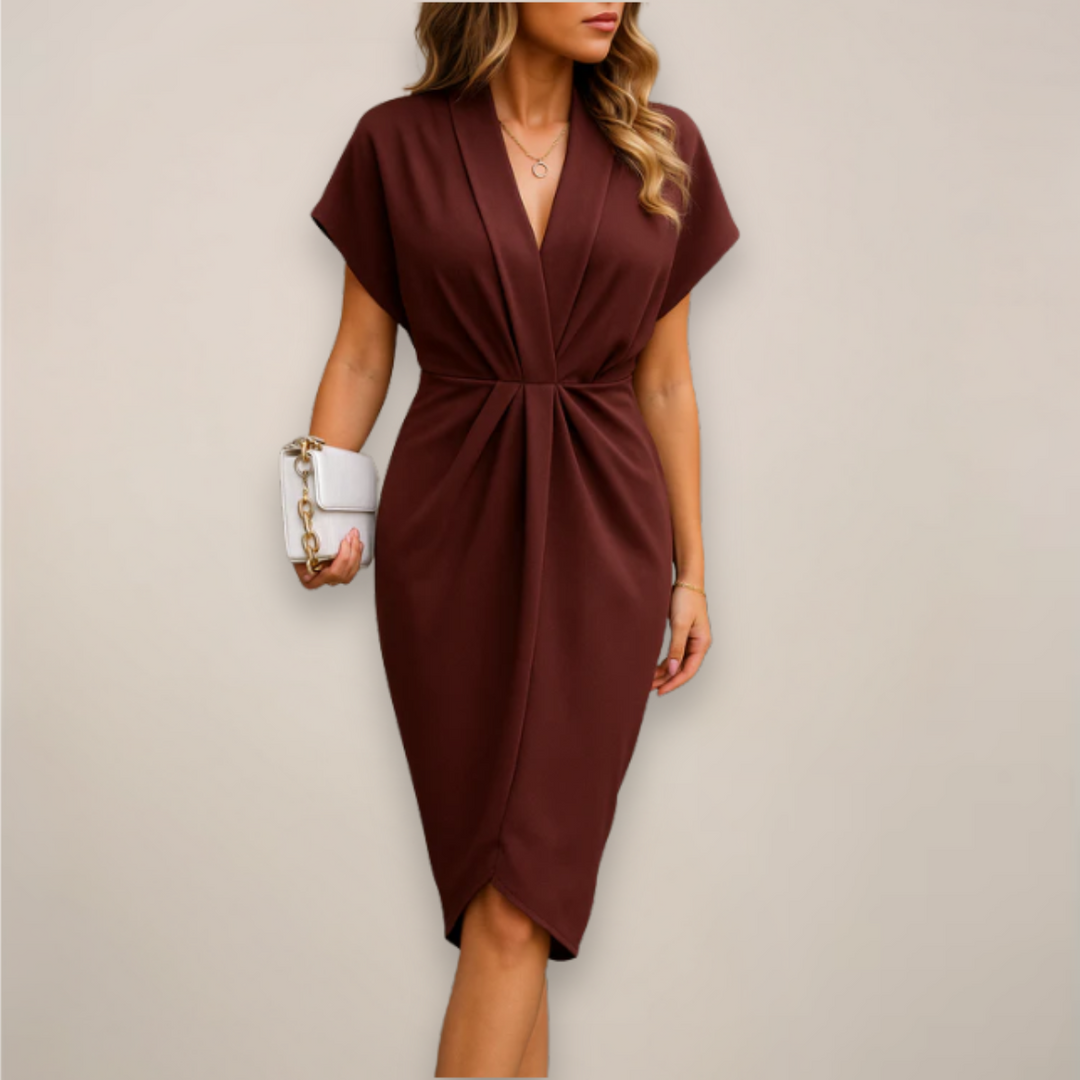 Modern women's V-neck wrap midi dress, stylish & comfortable. Perfect elegant fashion for any season.