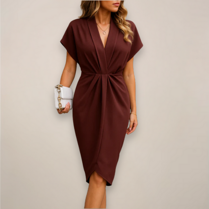 Modern women's V-neck wrap midi dress, stylish & comfortable. Perfect elegant fashion for any season.