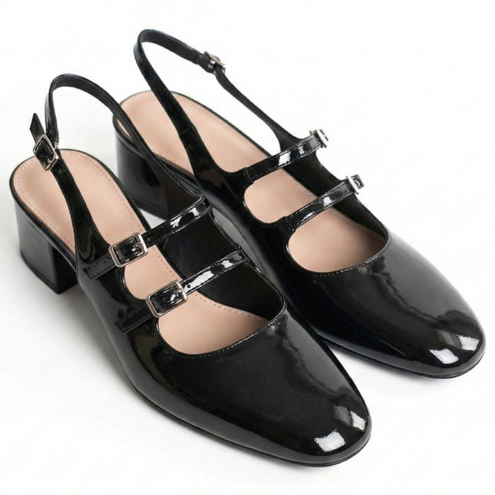 Chic women's square toe Mary Jane heels. Double strap, block heel, classic style for sophisticated workwear.