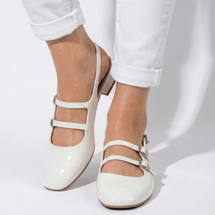 Comfortable women's double strap Mary Jane heels. Square toe, block heel design, elegant dress shoes.