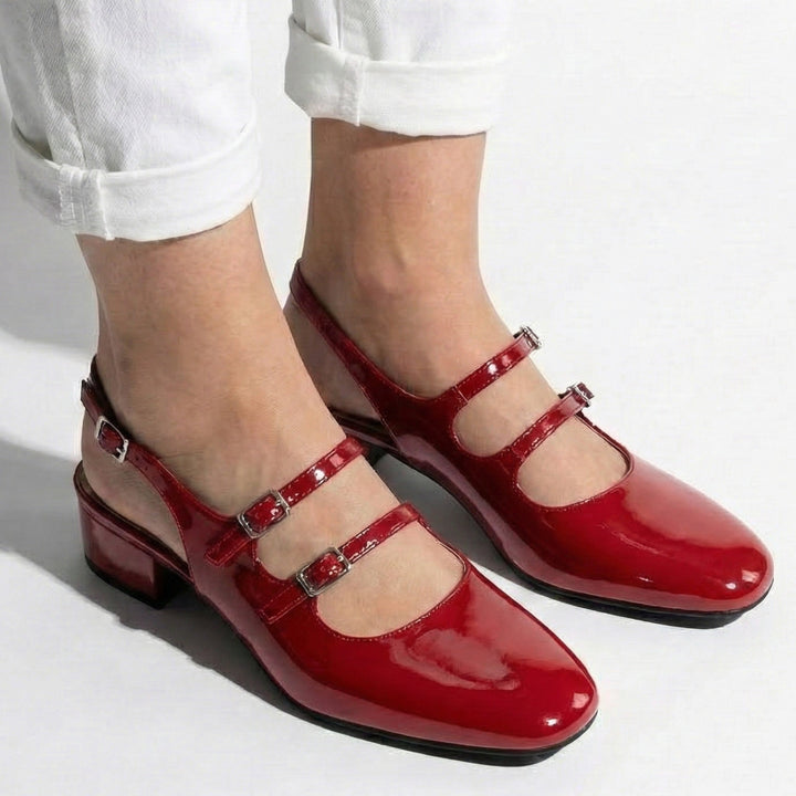 Sophisticated women's Mary Jane heels. Double strap, square toe, block heel, classic and comfortable footwear.