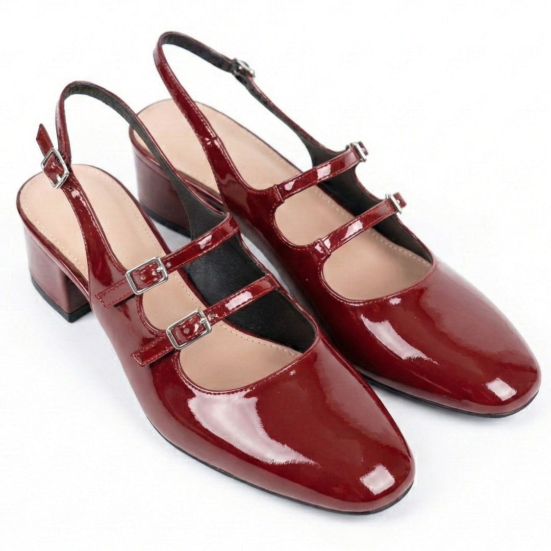 Stylish women's square toe Mary Jane heels. Double strap detail, sturdy block heel, ideal for elegant occasions.