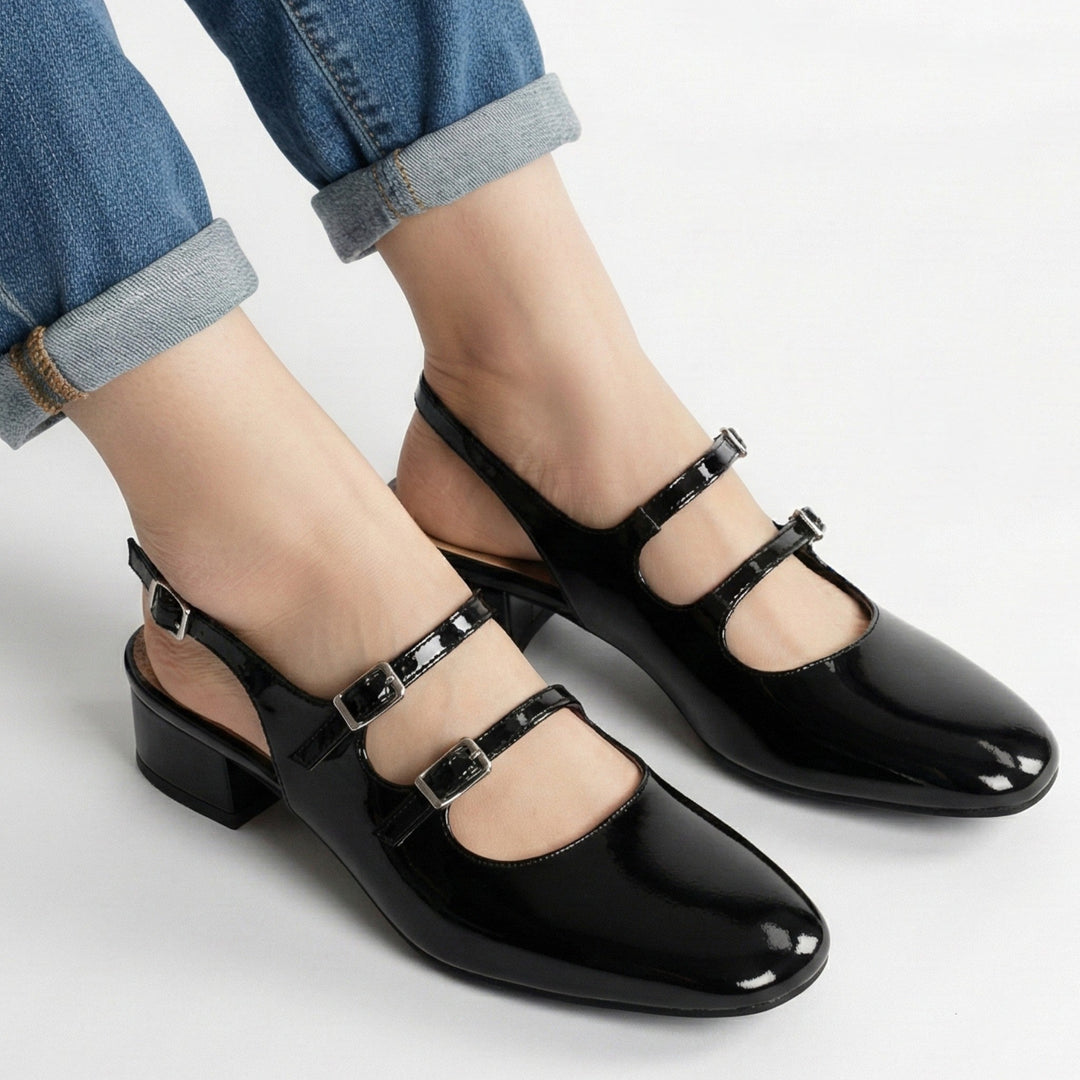 Women's square toe Mary Jane heels with double straps & block heel. Elegant workwear dress shoes.