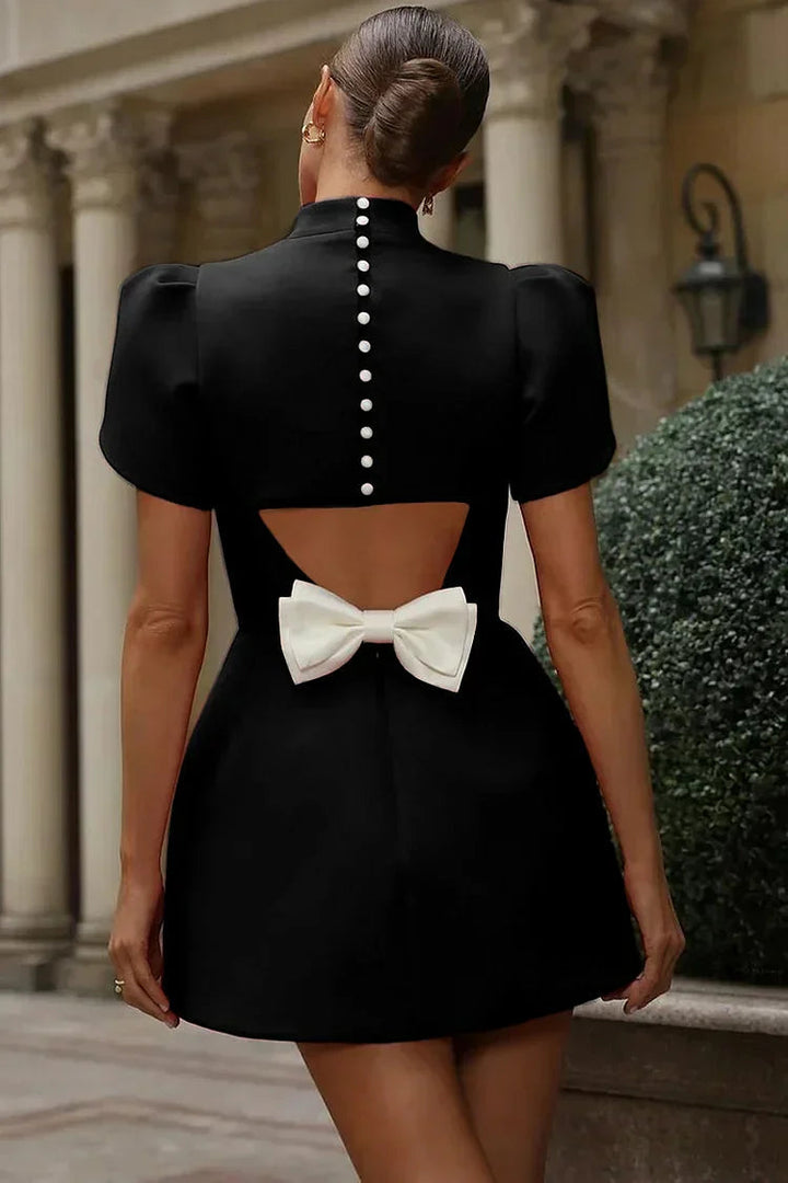 Chic women's mini dress, elegant with a lovely back bow. Versatile for casual or party events.