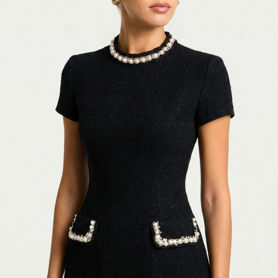 Sophisticated women's short sleeve mini dress adorned with delicate pearl trim, ideal for elegant gatherings.